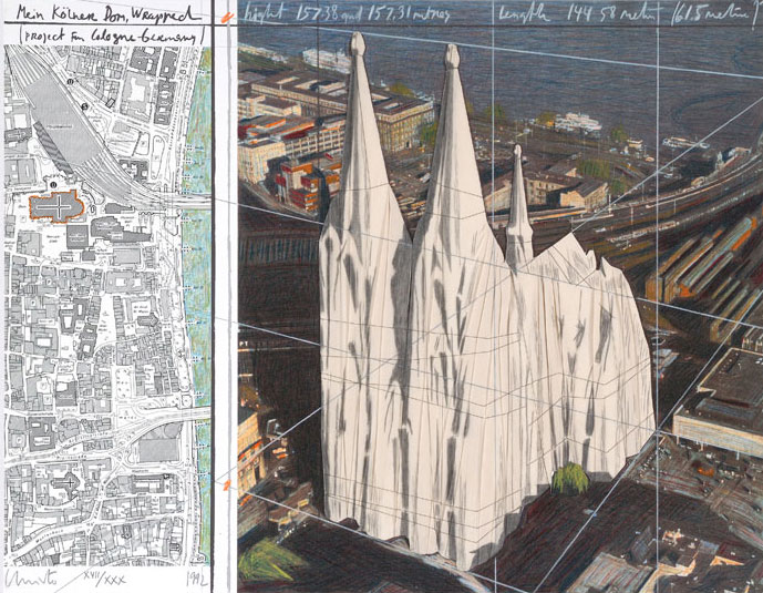 CHRISTO y JEANNE-CLAUDE. Mi catedral de Colonia, 1992. N Edicin XVIII / XXX. 55,7 x 70,8 cm. Litografa y collage sobre papel