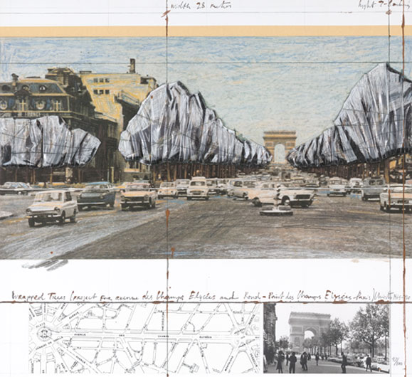 CHRISTO y JEANNE-CLAUDE. Avenida de los Campos Elseos, 1992. N Edición 97/100. 69,8 x 75 cm. Litografa y collage