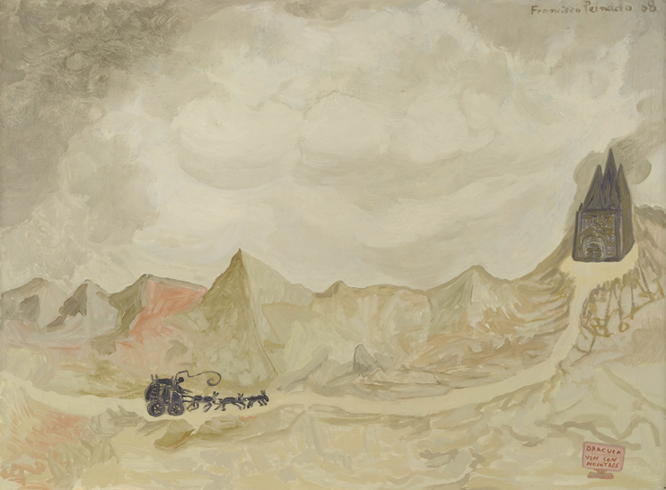 FRANCISCO PEINADO. Dr�cula ven con nosotros (Pol&iacute;ptico Mike Mau "Invasor"), 2007-08. 5 piezas de 66 x 88 x 3,2 cm c/u. &Oacute;leo sobre cart&oacute;n y grafito.